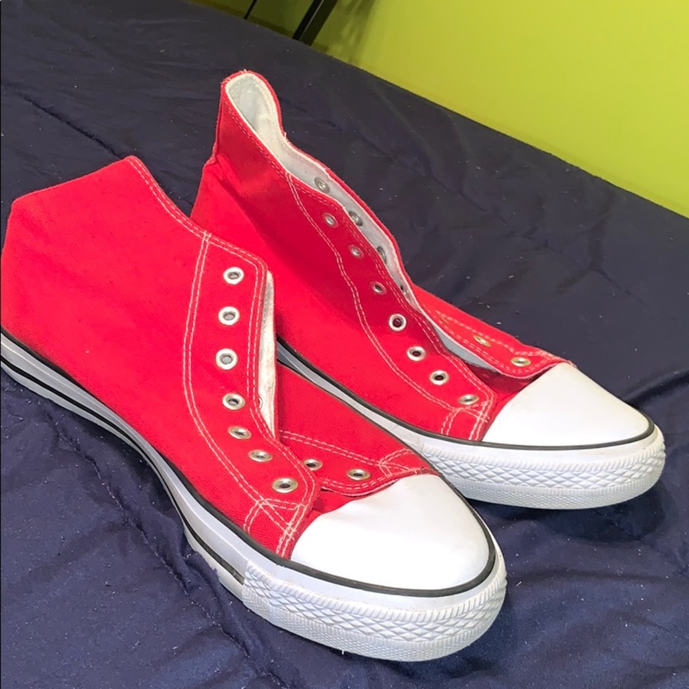 Red high top off brand converse